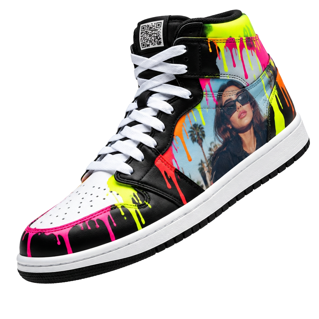 Custom photo high-top with neon drip design